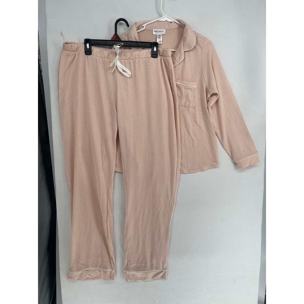 Kathy Ireland Sleepwear Pajama Set Womens 1X Peach Knit Button Top Pants SLS3112